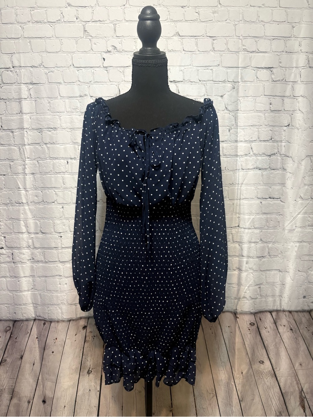 Navy Polka Dot Long-Sleeve Smocked Waist Dress by